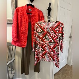 Chico’s Top in red, taupe & white.  Size small